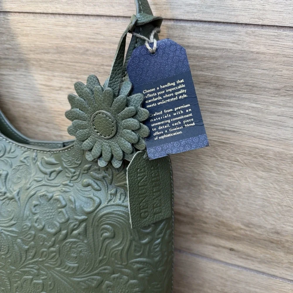 Genuine Tooled Leather Floral Shoulder Bag Hobo Dark Green Charm India Brooklyn